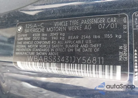 2001 BMW 325Ci z USA, uszkodzony, nr VIN WBABS33431JY56811